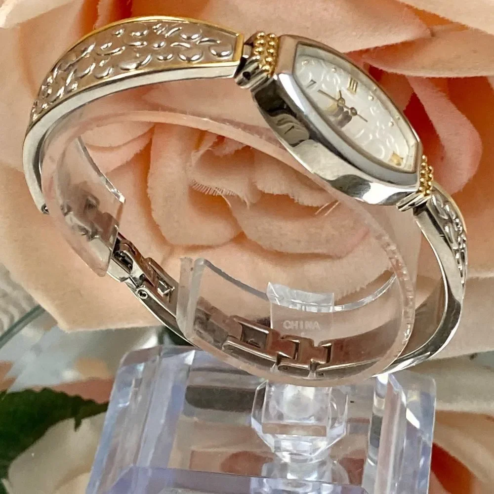 Anne Klein Two-Tone Tonneau Case Bracelet Watch Textured Dial Roman Numerals
